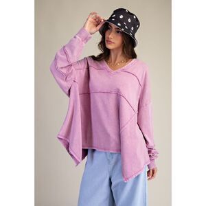 1011 EASEL Large Mineral Washed Terry Knit V Neck Oversized Top